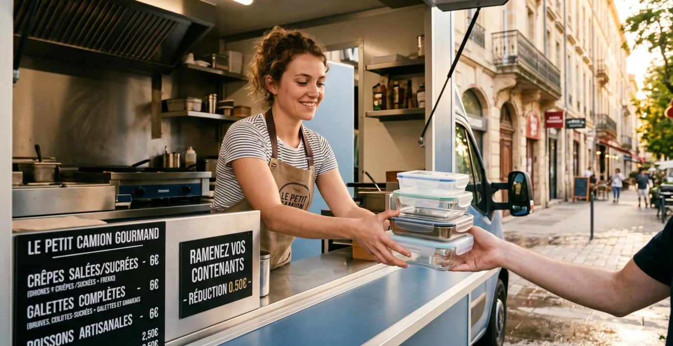 Employé de food truck français recevant au comptoir extérieur des contenants réutilisables vides empilés tendus par un client, lumière naturelle de fin d'après-midi, zone urbaine