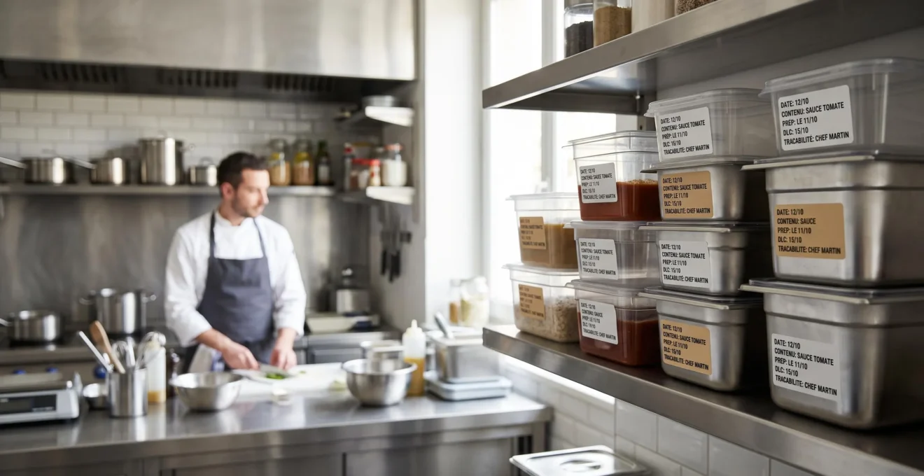 Étagère de cuisine professionnelle avec contenants alimentaires réutilisables en plastique dur et inox empilés, étiquettes de traçabilité en français visibles, lumière naturelle, environnement restauration CHR moderne