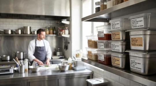 Étagère de cuisine professionnelle avec contenants alimentaires réutilisables en plastique dur et inox empilés, étiquettes de traçabilité en français visibles, lumière naturelle, environnement restauration CHR moderne