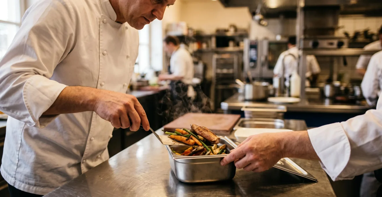 Mains de cuisinier en veste blanche disposant un plat chaud dans un contenant réutilisable en inox sur plan de travail professionnel, spatule visible, cuisine en activité en arrière-plan